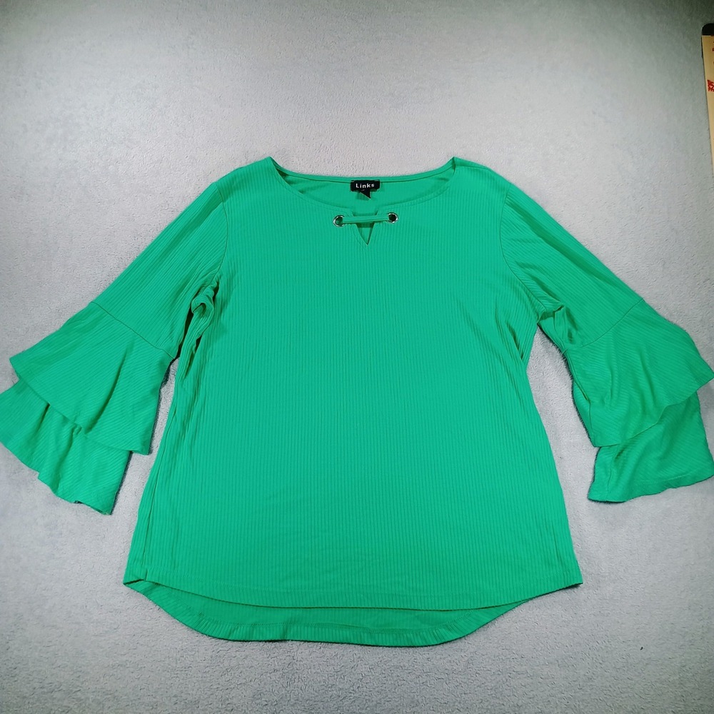 Links Women Ribbed Bell Sleeve‎ Top Green S Keyhole Neckline